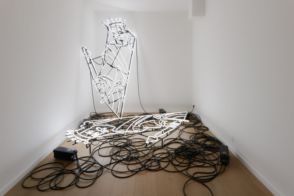 Jonathan Sullam, David, 2014, Black metal structure and neon installation, 200 x 200 x 35 cm