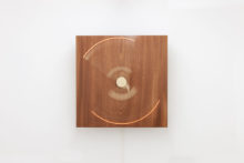 Laurent Bolognini, AM7, 2014, African solid wood varnish, brass, motor, electonic bulbs, 70 x 70 x 26 cm. Exhibition view of 