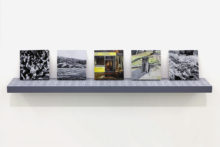 Eirene Efstathiou, Agony is our triumph, 2010, Oil and acrylic on 4 panels, screen printed shelf, each panel 18 x 18 cm