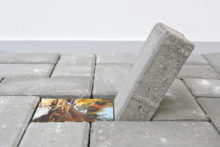 Rui Calçada Bastos, I have not yet forgot myself to stone, 2021, pavements and vintage postcards, 160 x 69,5 x 4,5 cm
