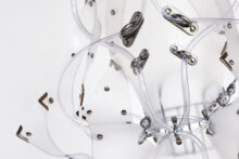 Floryan Varennes, The stasis garden (Pixies Memories), 2026, Opal-coloured PVC, stainless steel fastenings, rivets, muzzles, medical tubes, variable dimensions. Photo by Antoine Denoual